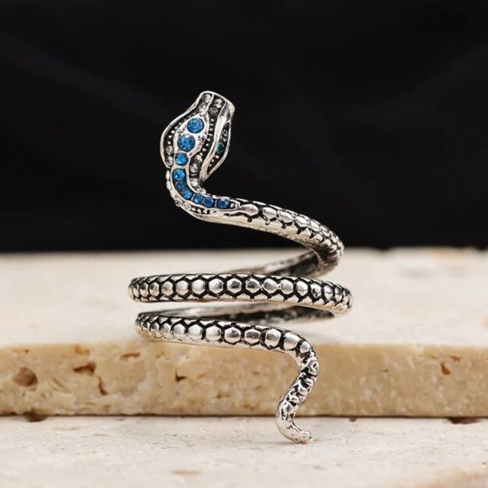 Intricate Coiled Snake Serpent Silver & CZ Diamonds Sapphires Streetwear Ring